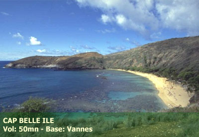Vol en Hélicoptère - Cap Belle Ile: départ de Vannes ou Quiberon, survol Belle Île dans son intégralité - <b><font color=red>vol de 50mn</font> - tarif par personne</b> - base Vannes (56) - réf:HTBR_BJS